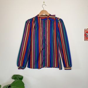 Vintage Striped Blouse w/ Asymmetrical Necktie